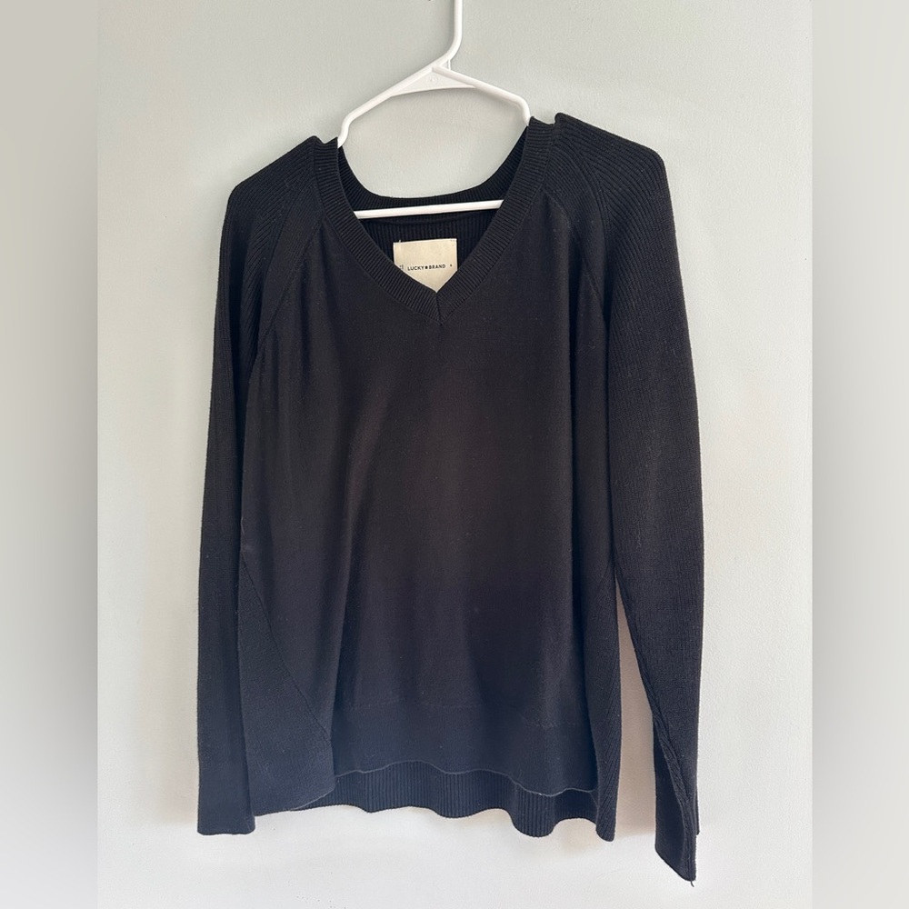 Lucky Brand Cashmere/Nylon/Cotton Women's Black V-Neck Sweater Small Oversized